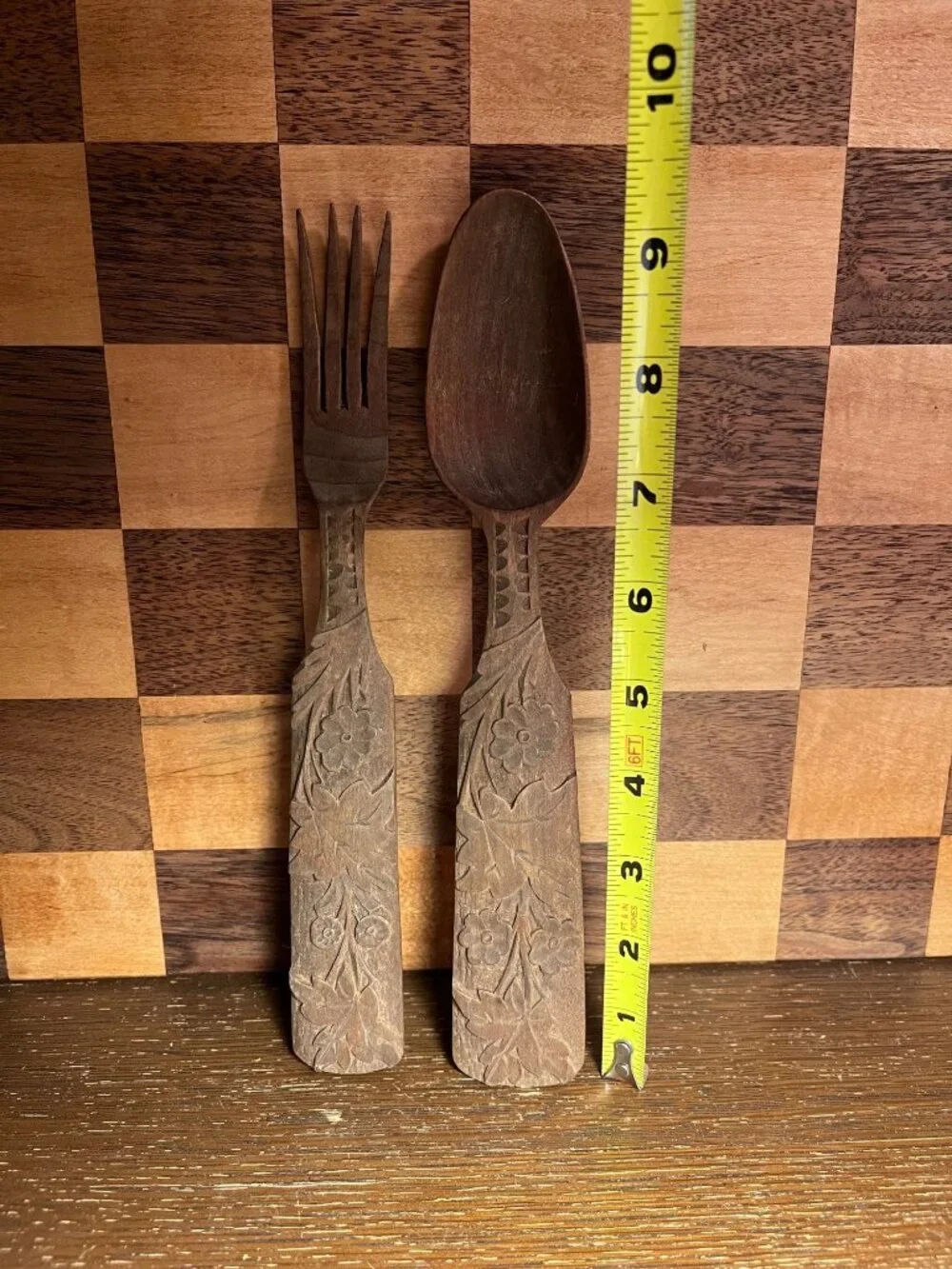 Carved Floral Wood Serving Spoon and Fork A858
